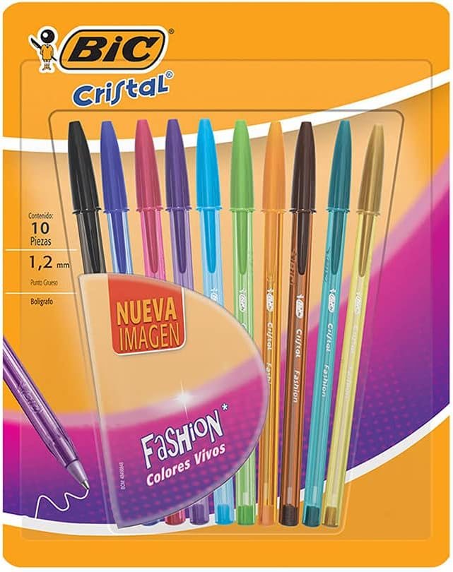 BIC Bolígrafo Cristal Fashion Punto Grueso 1.2mm Colores Vivos Escritura Suave y Fluida Surtido de Colores 10 Piezas